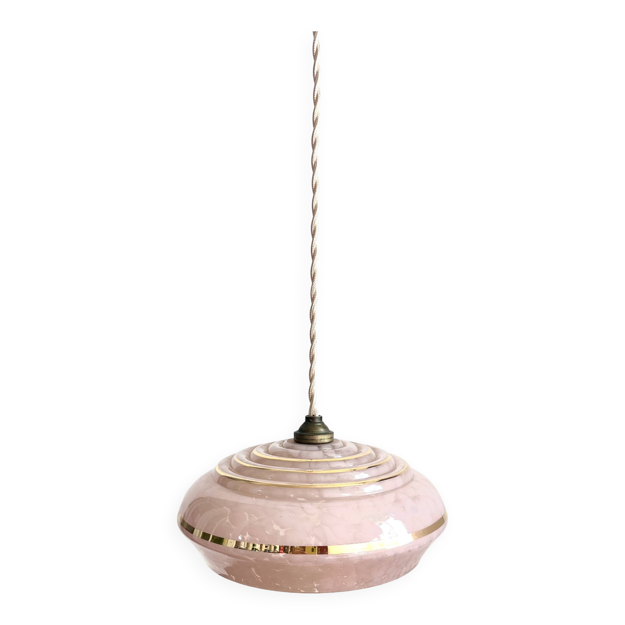 Art Deco opaline glass pendant light Clichy rose gold trim