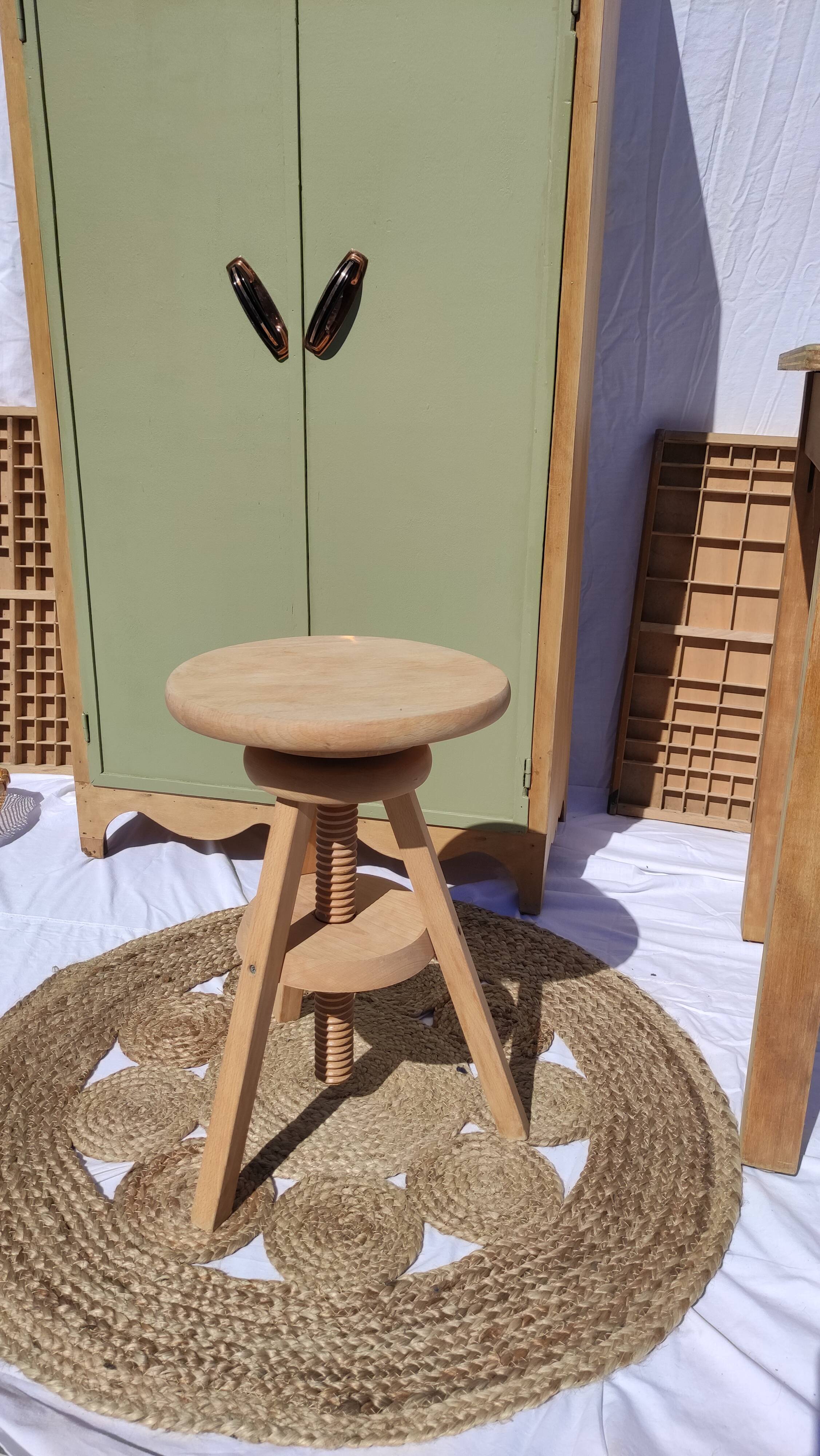 Vintage wooden stool with screws