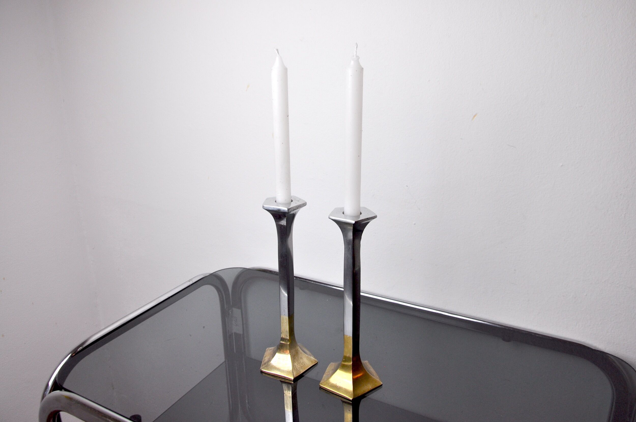 Pair of brutalist candlesticks by david marshall, 1980, spain