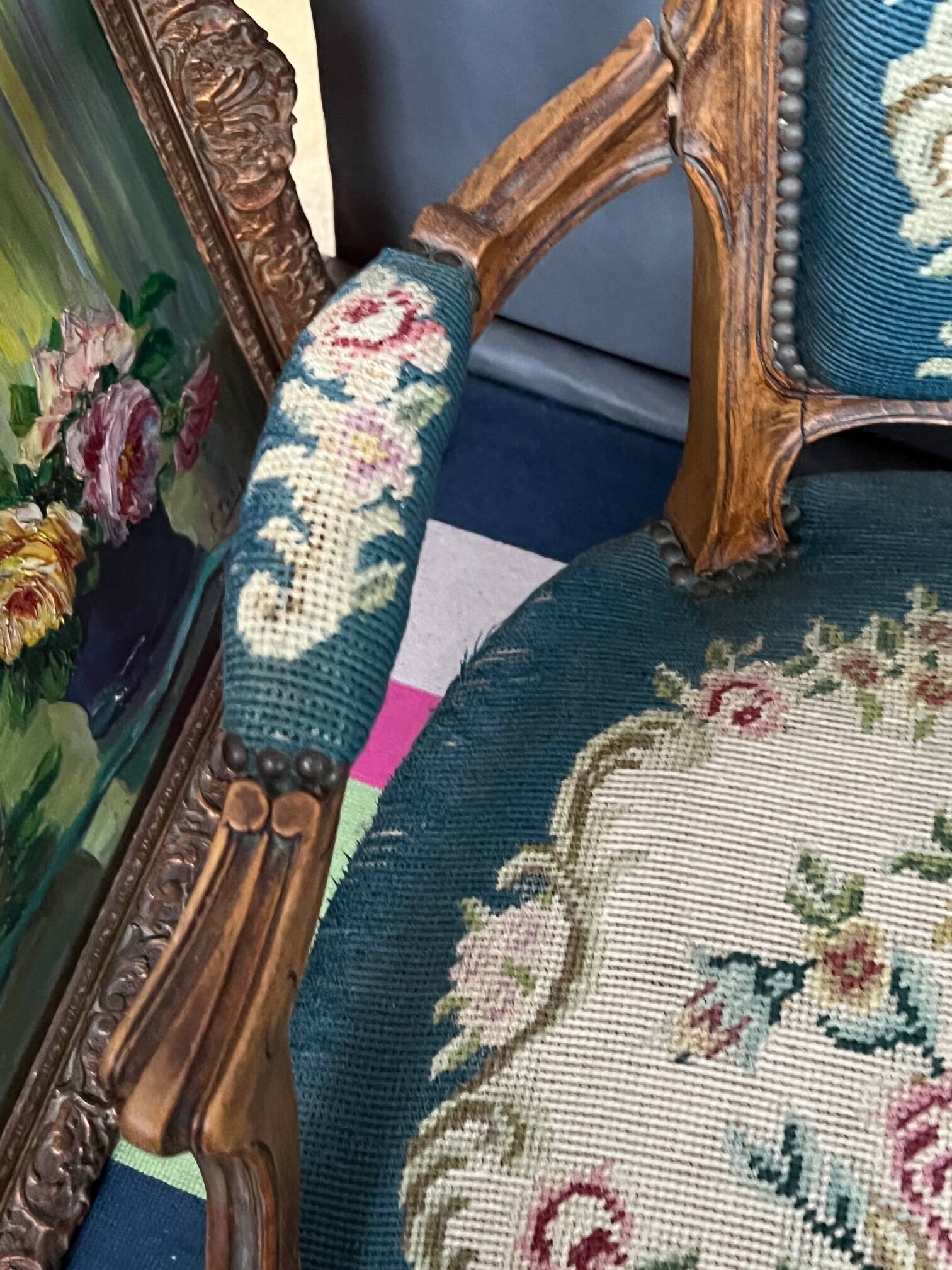 Pair of hand-embroidered armchairs. Walnut.