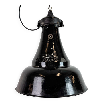 Lampe suspendue Bauhaus en émail noir industriel, années 1930