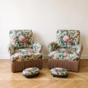 Set of 2 Napoleon III armchairs and footstool, floral fabric