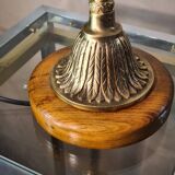 Bronze lamp on blond oak base, art nouveau with tulip, 45x30