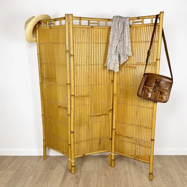 Paravent vintage en rotin et  bambou 3 volets