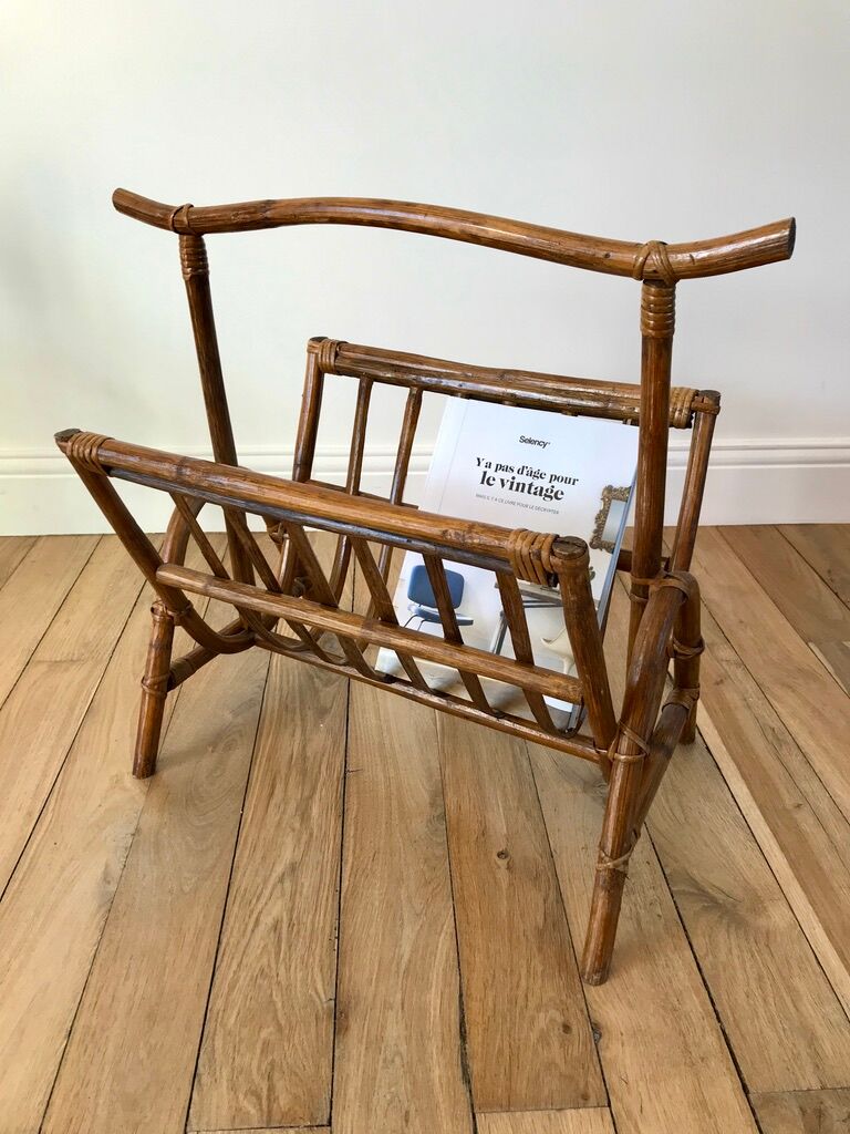Rattan and bamboo magazine rack 70s