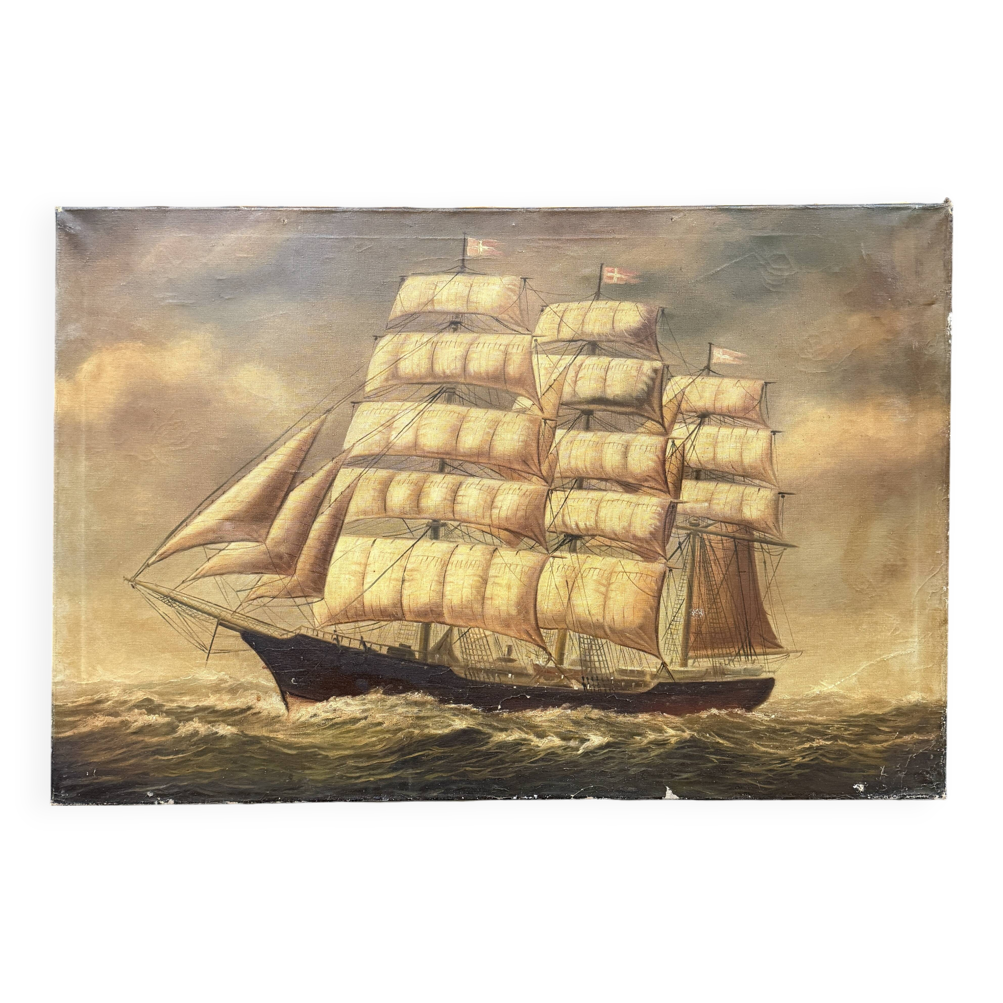 Large old oil painting of a ship