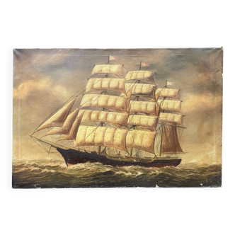 Large old oil painting of a ship