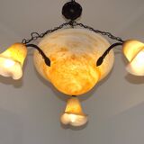 Vintage 4-light chandelier in black metal and glass, France