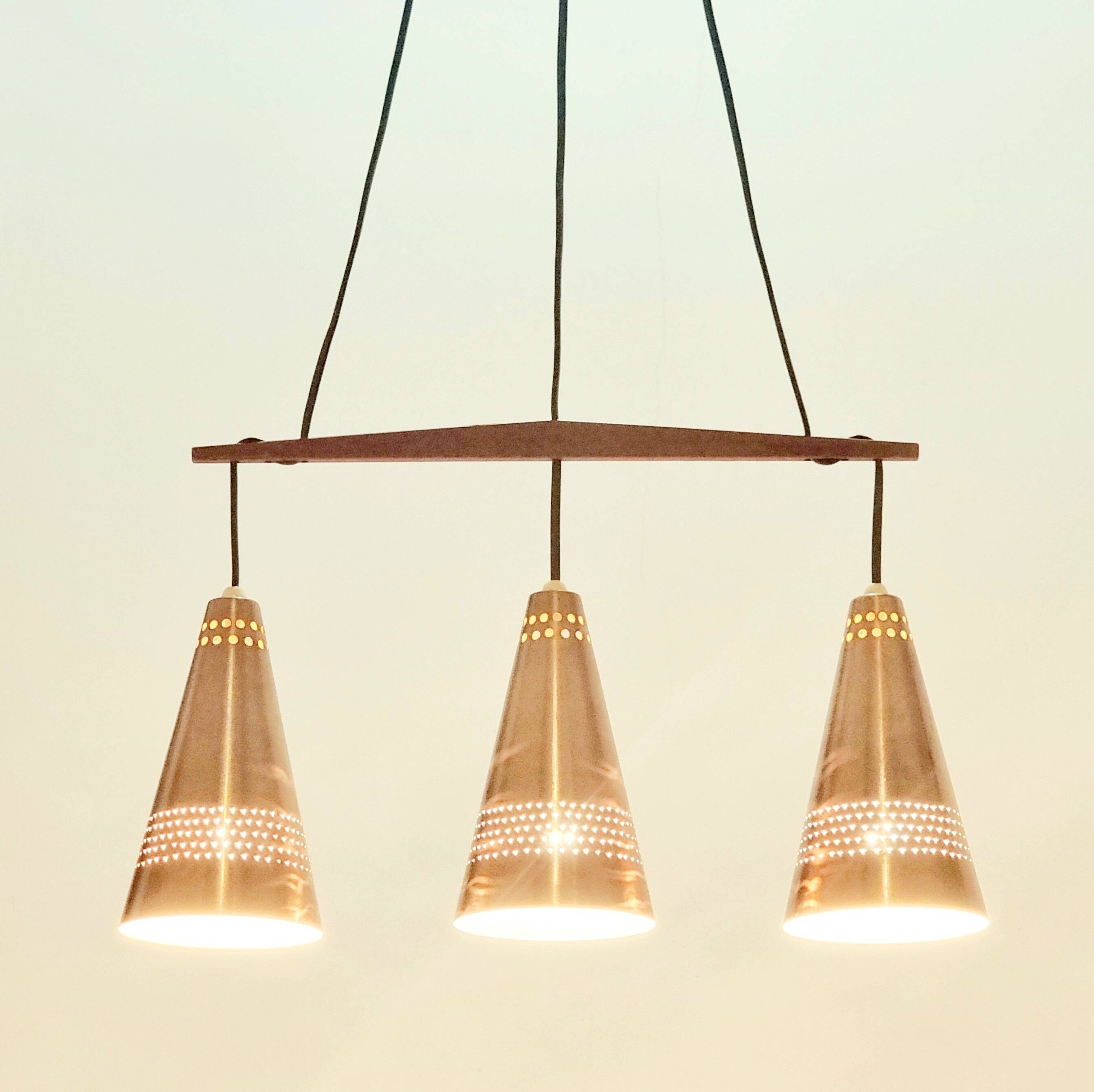 Mid Century Scandinavian Copper & Teak Triple Pendant By Jakobsson, 1950s
