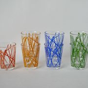 Colorful designer set composed of 7 liqueur glasses and a seventies 70s carafe