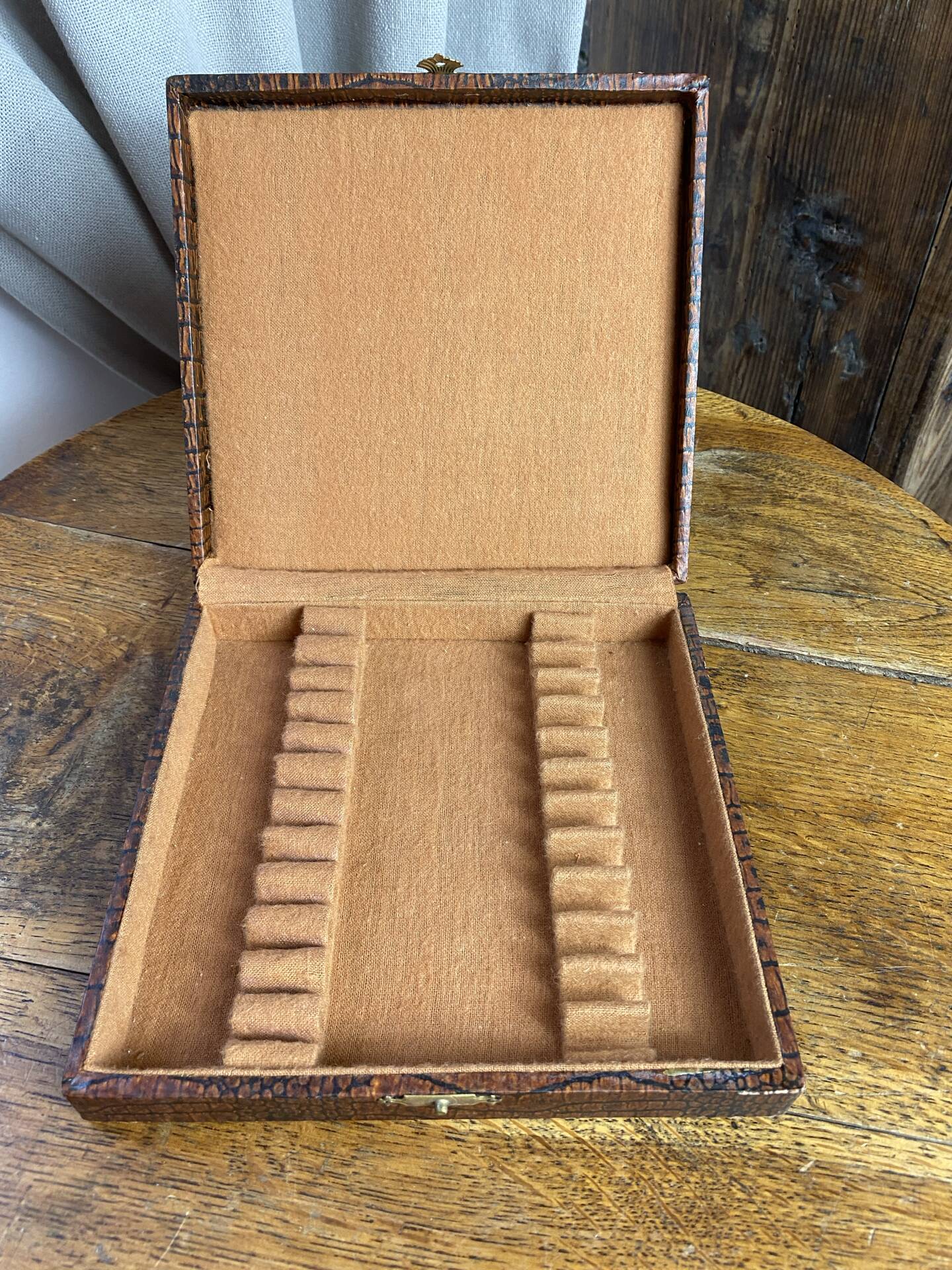Dessert forks in brass and Bakelite in their case.