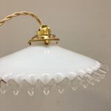 White opaline pendant lamp with transparent serrated edges