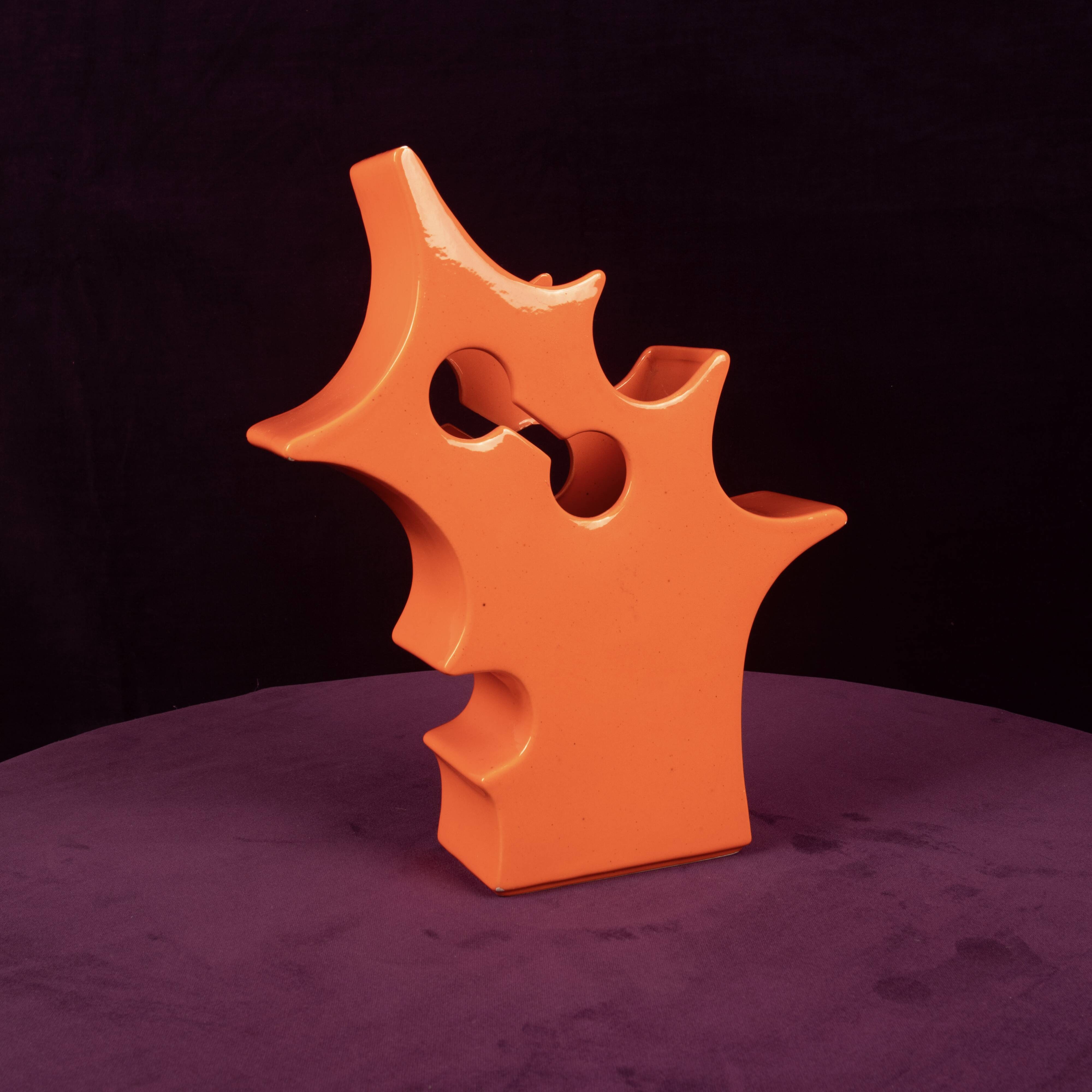 Abstract Orange Ceramic Sculptural Vase, Postmodern / Space Age, Italy, 1980