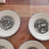 Série de 10 assiettes parlantes sur le thème de la chasse, faience fine, Digoin Sarreguemines