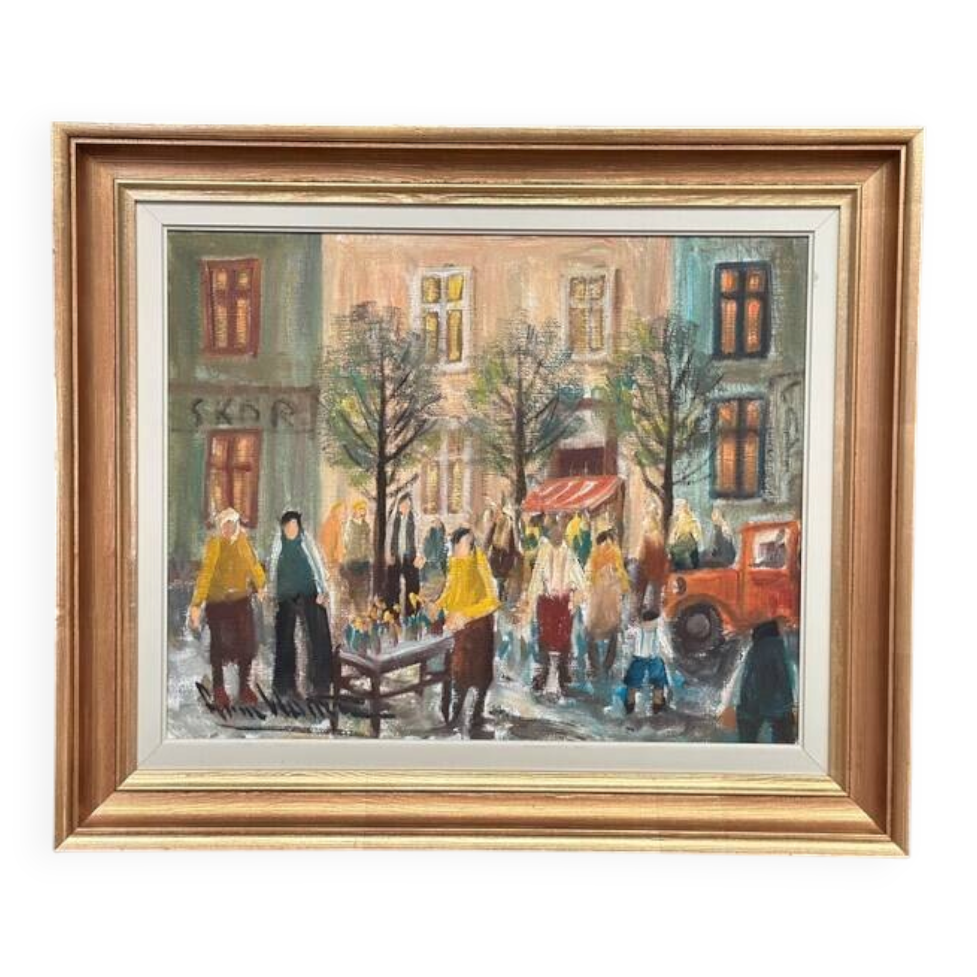Original Swedish Oil on Canvas – “Market Scene” by Arne Wallsten – Signed