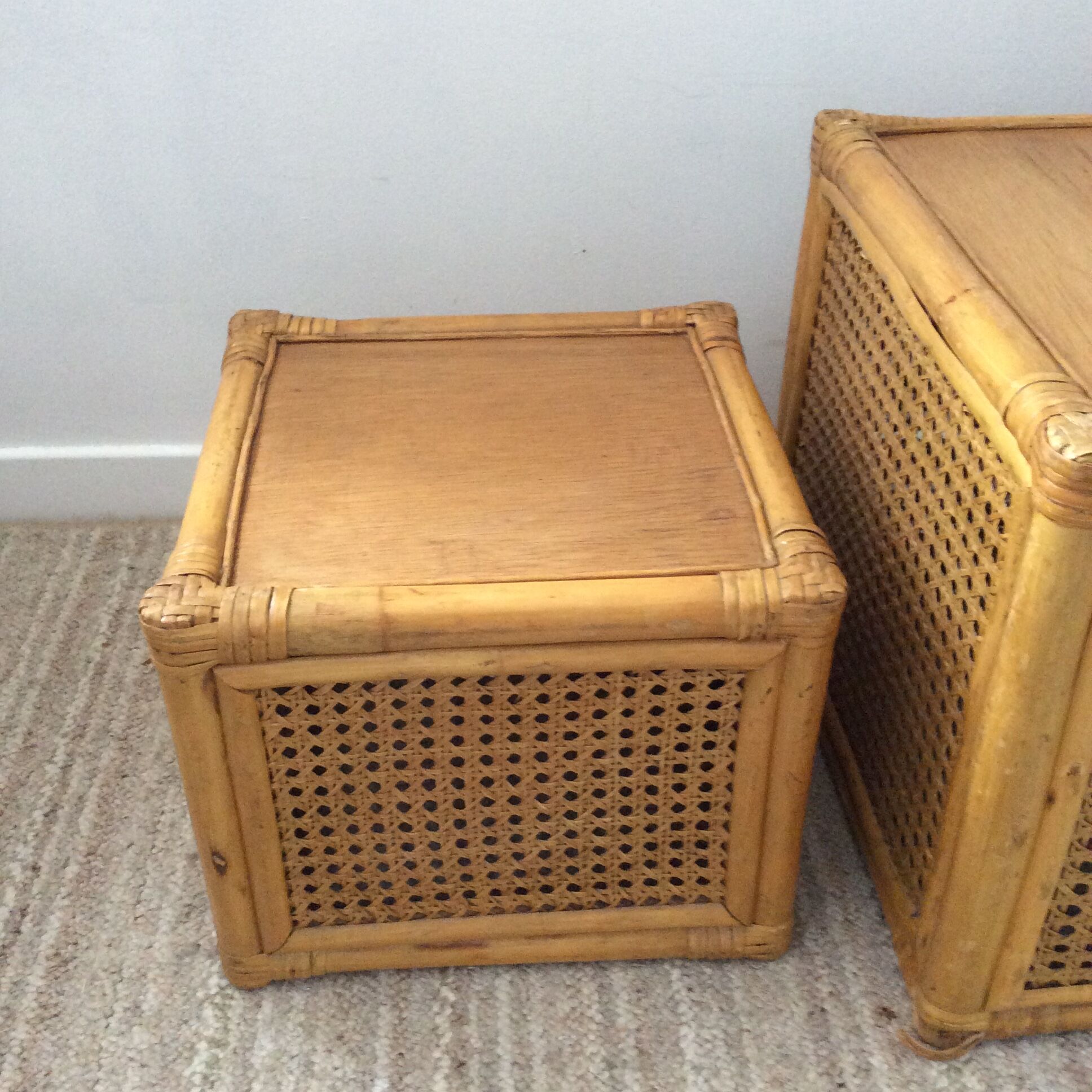 Trio of vintage tables in canning and rattan
