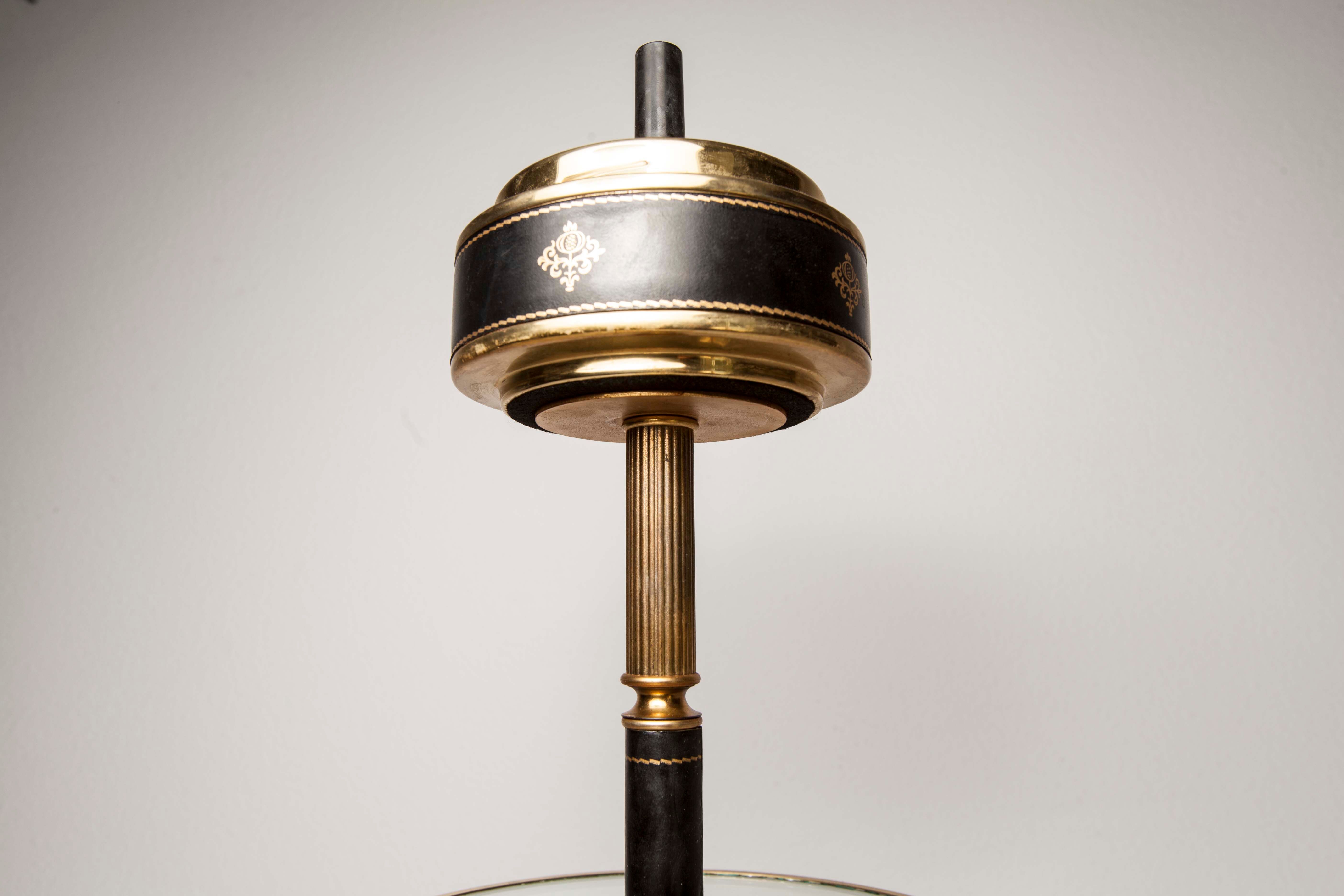 Ashtray on feet 60s gold, glass and leather