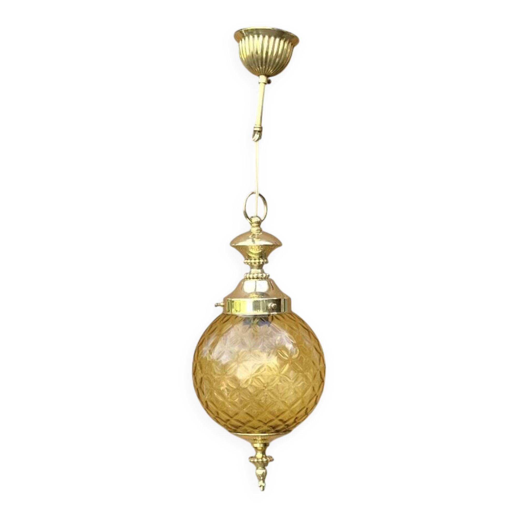Suspension boule style Hollywood Regency en verre texturé et laiton doré