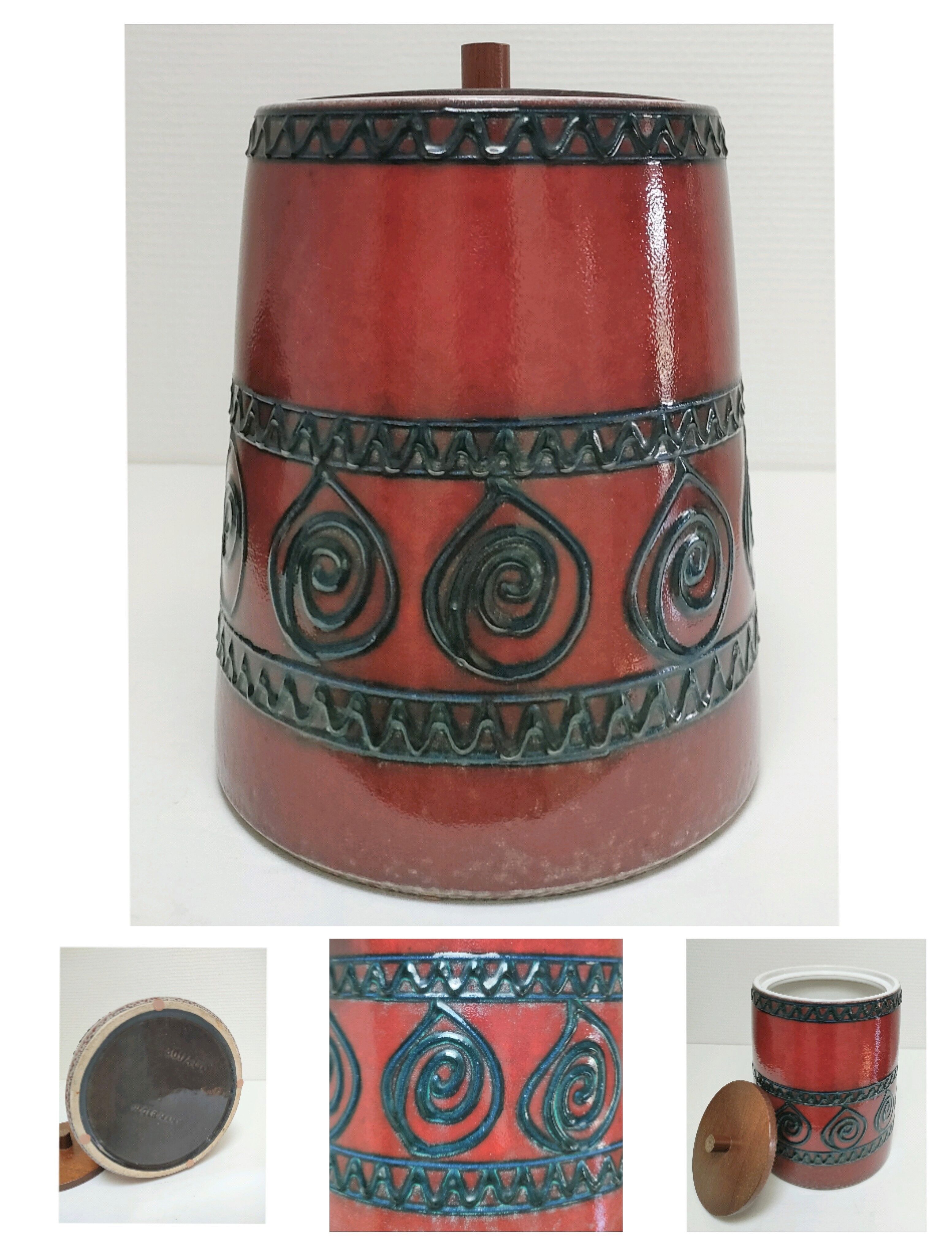 Enamelled ceramic pot with wood lid German design 70s