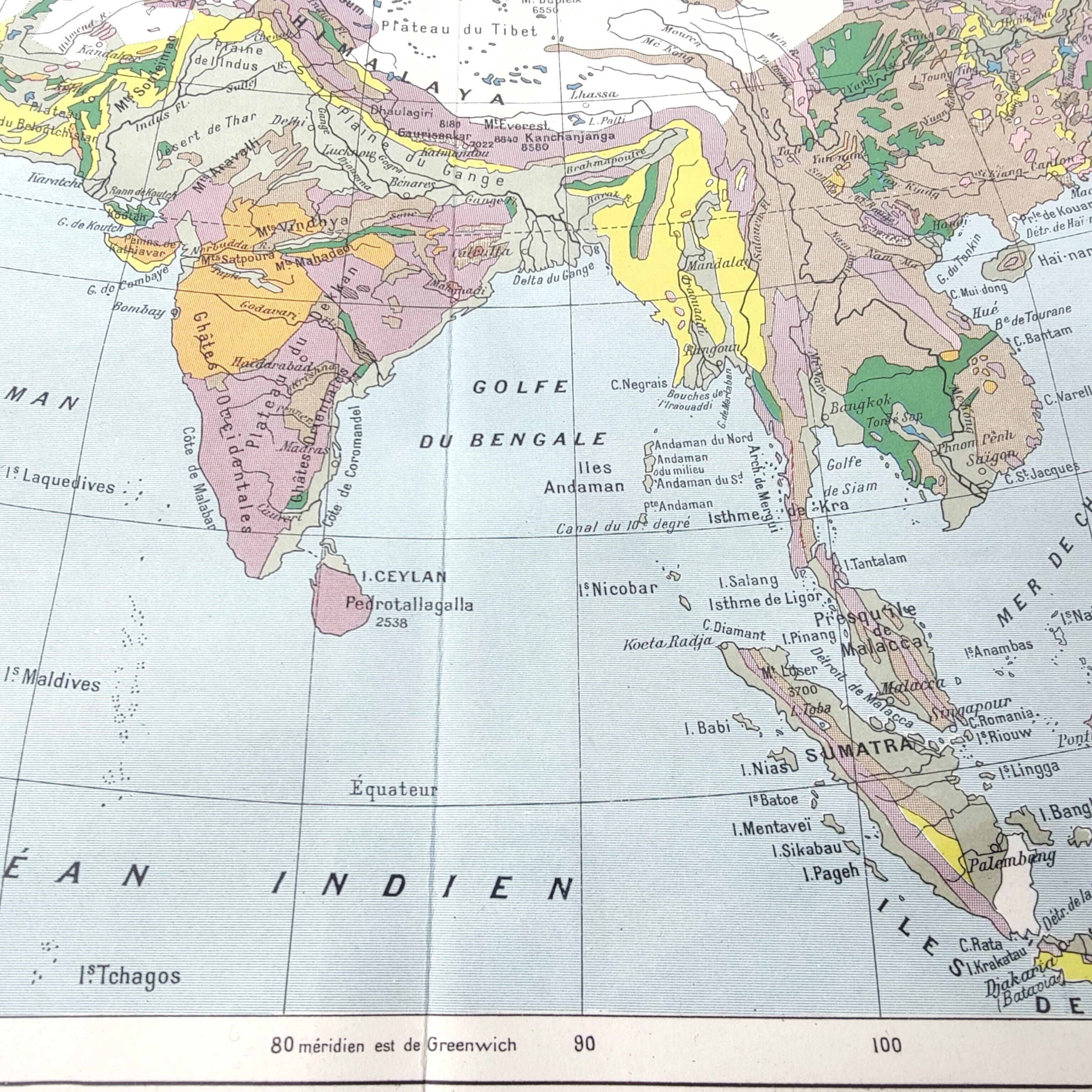 Vintage map Asia China USSR India Japan 43x43cm from 1950