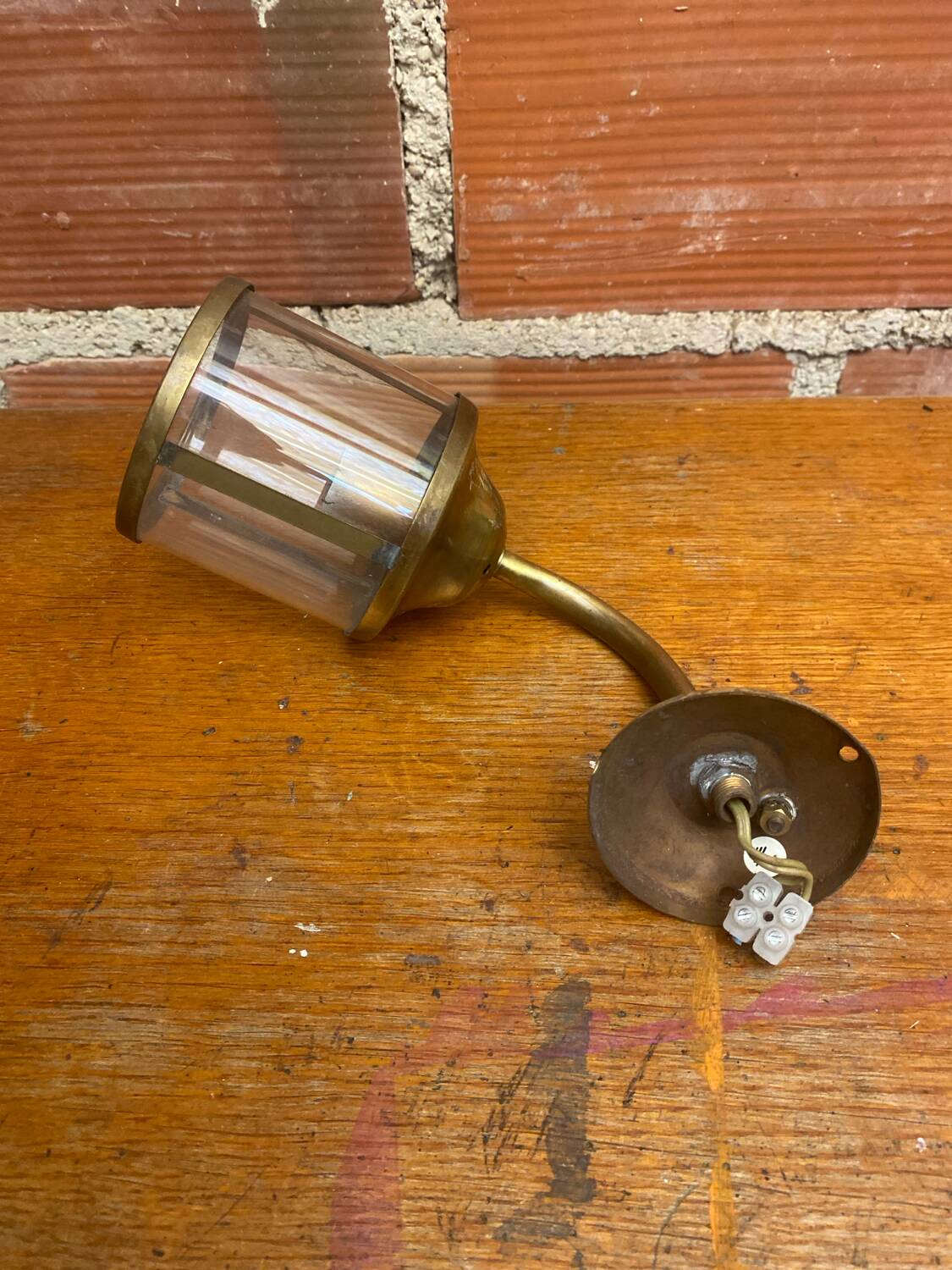 Antique Wall Lamp Lantern Gold Metal + Vintage Glass Cylinder #C528