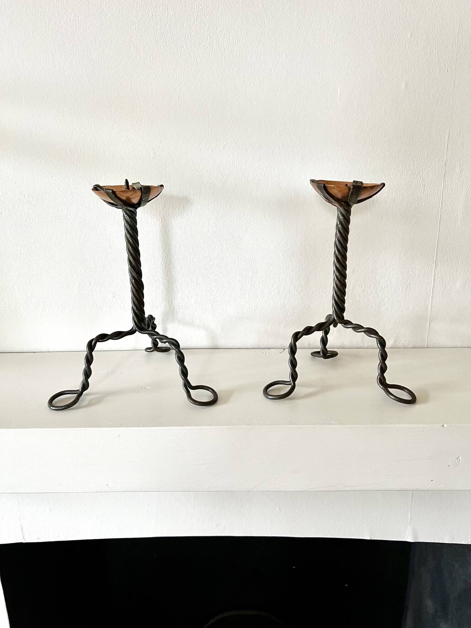 Pair of Arts & Crafts vintage antique candlesticks in wrought iron & copper