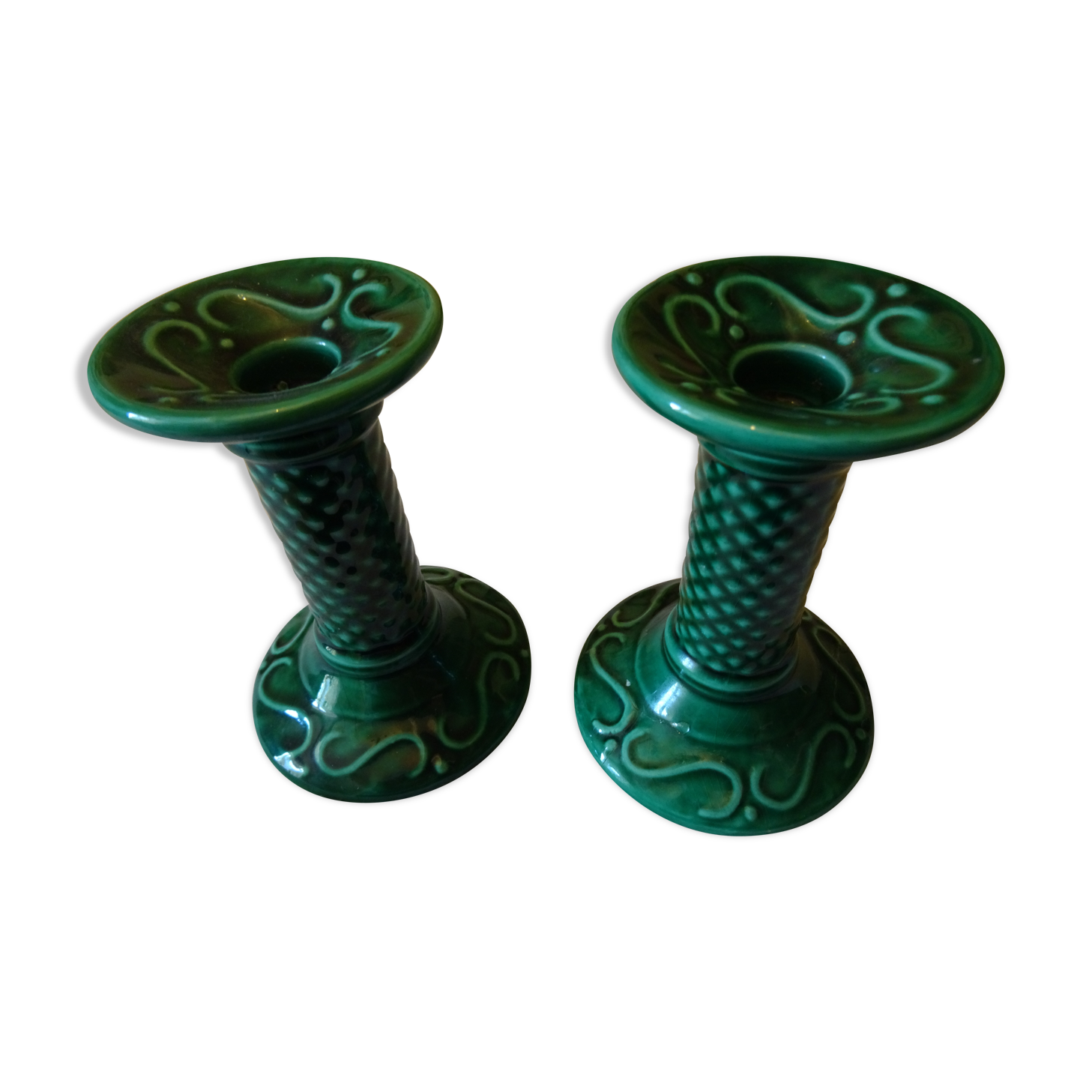 Pair of candlesticks in green faience style Saint Clement