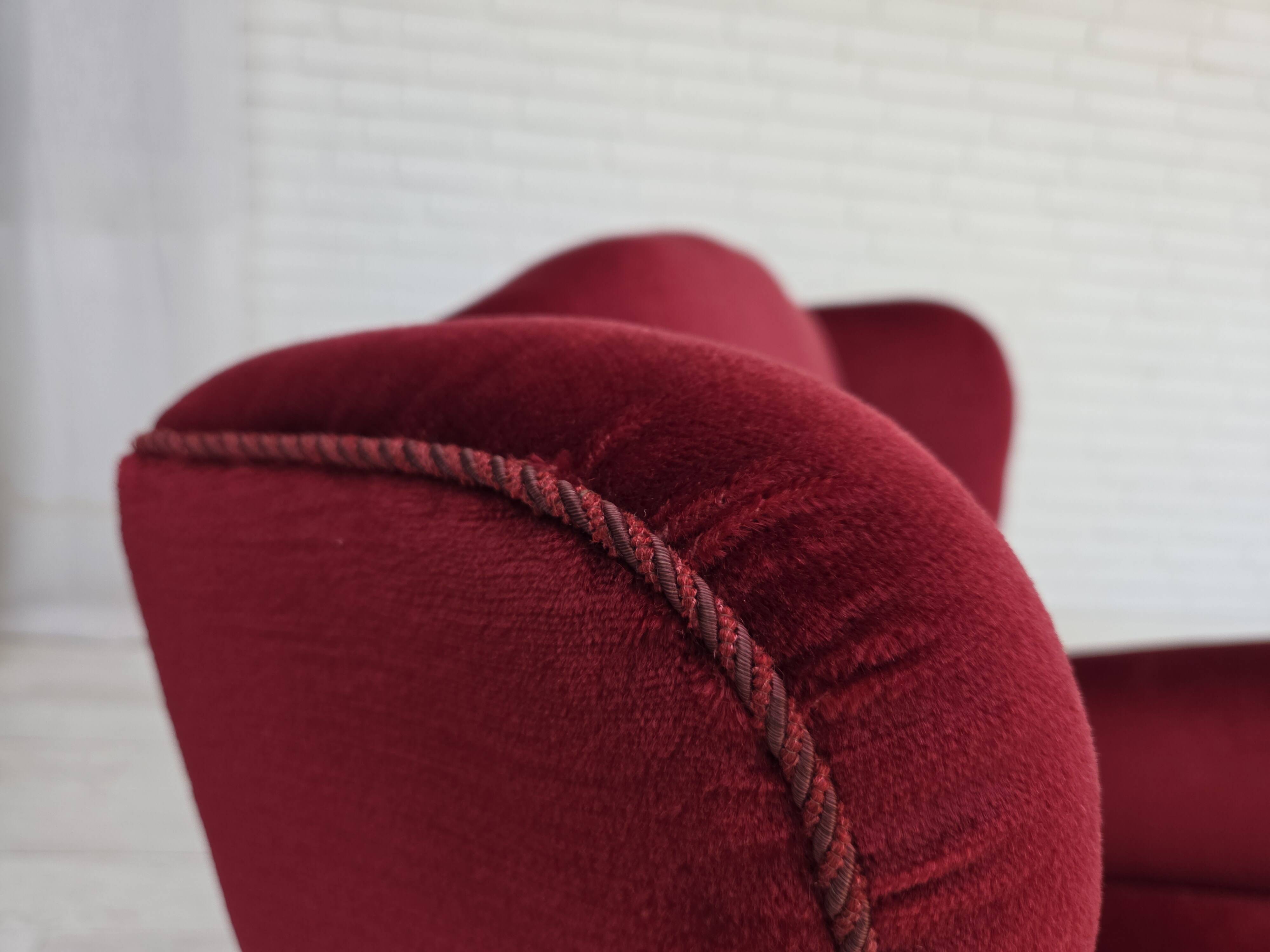 1960s, Danish armchair, red furniture velour, beech wood legs.