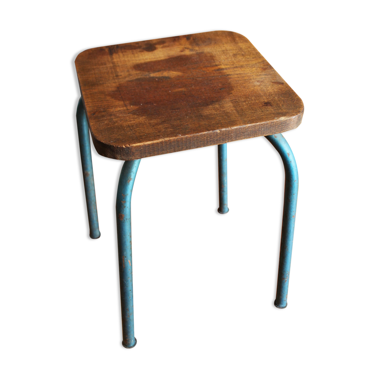 Industrial stool sitting wood feet metal blue metal feet
