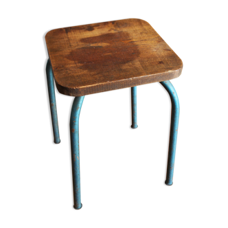 Industrial stool sitting wood feet metal blue metal feet