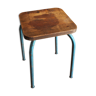 Industrial stool sitting wood feet metal blue metal feet