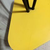 Mid-century tripod floor lamp with 3 lights and a yellow shelf.