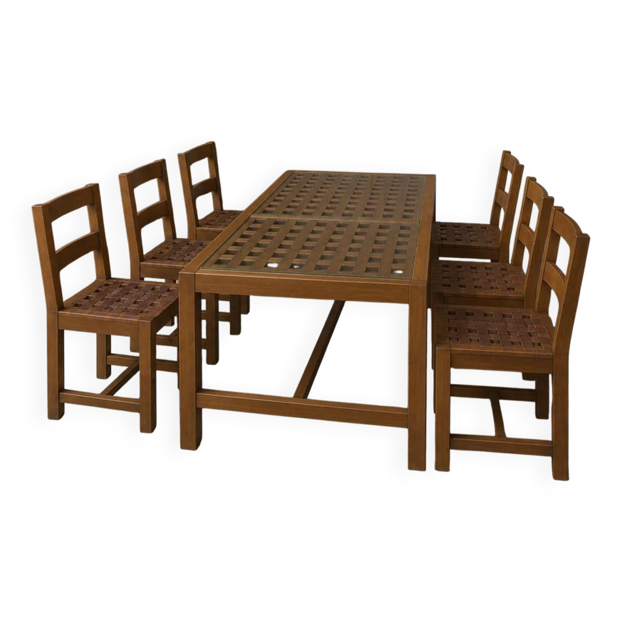 6 × chairs / dining table in oak / table openwork top / 2 inlaid glass panels / open woven leather seats / original set in very good condition / France 1950s