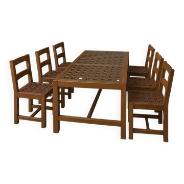 6 × chairs / dining table in oak / table openwork top / 2 inlaid glass panels / open woven leather seats / original set in very good condition / France 1950s