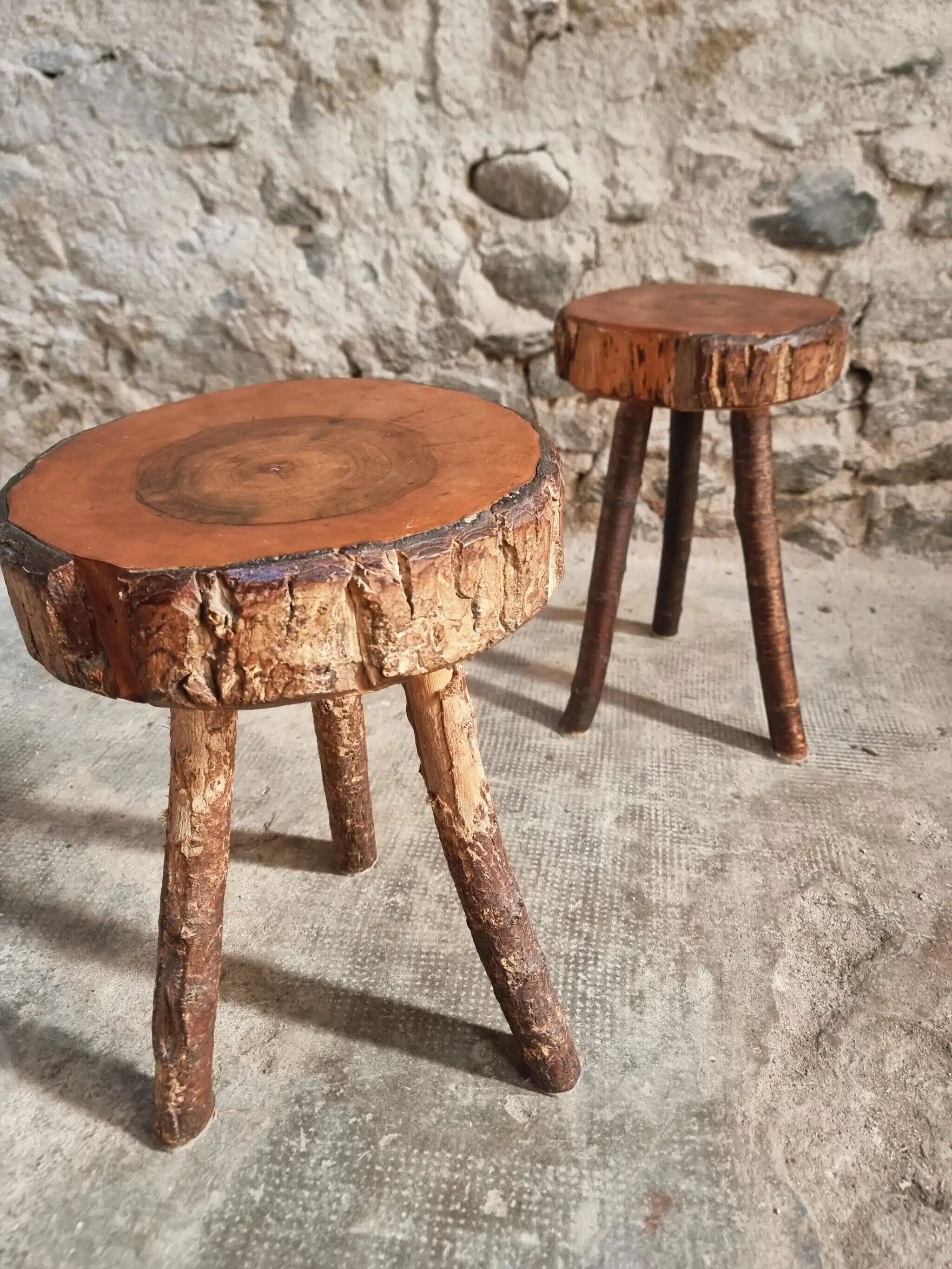 Vintage wooden tripod stools, set of 2, France 1960s