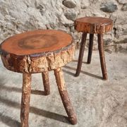 Vintage wooden tripod stools, set of 2, France 1960s