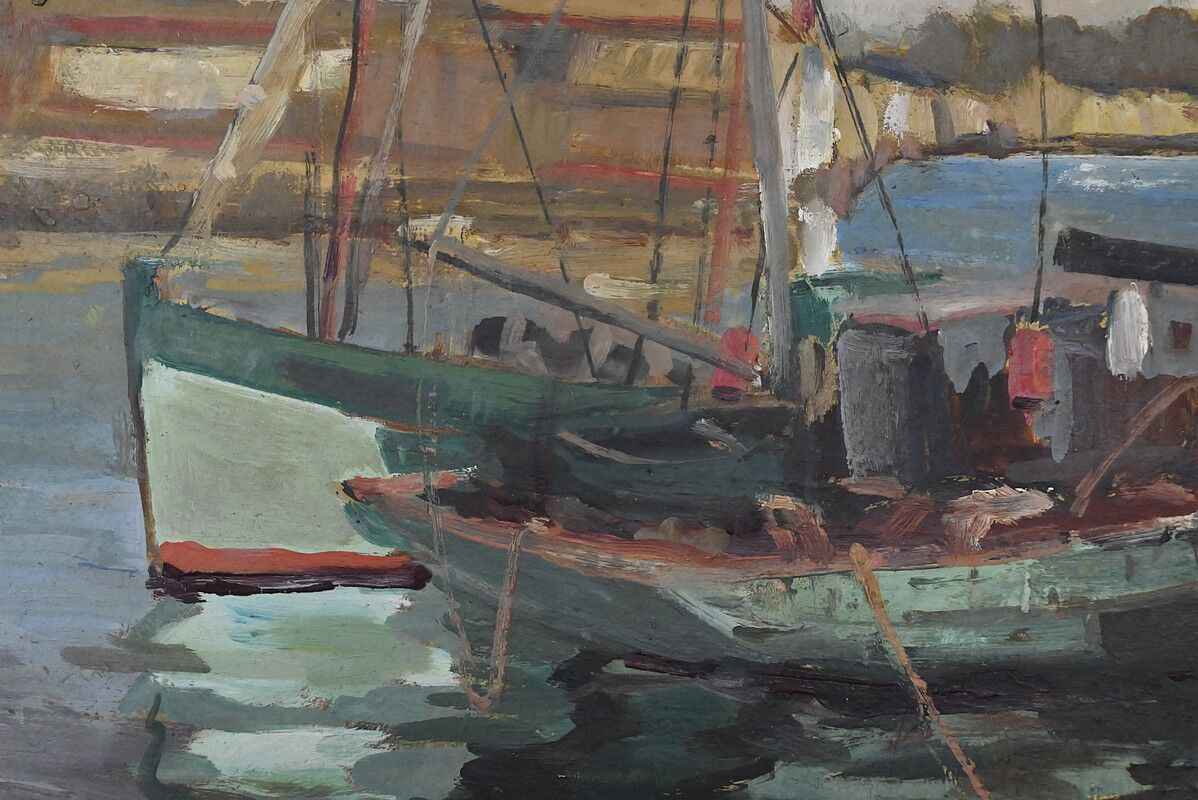 Painting "Thoniers at Dock", oil on panel, signed G. Boulard – Mid 20th century