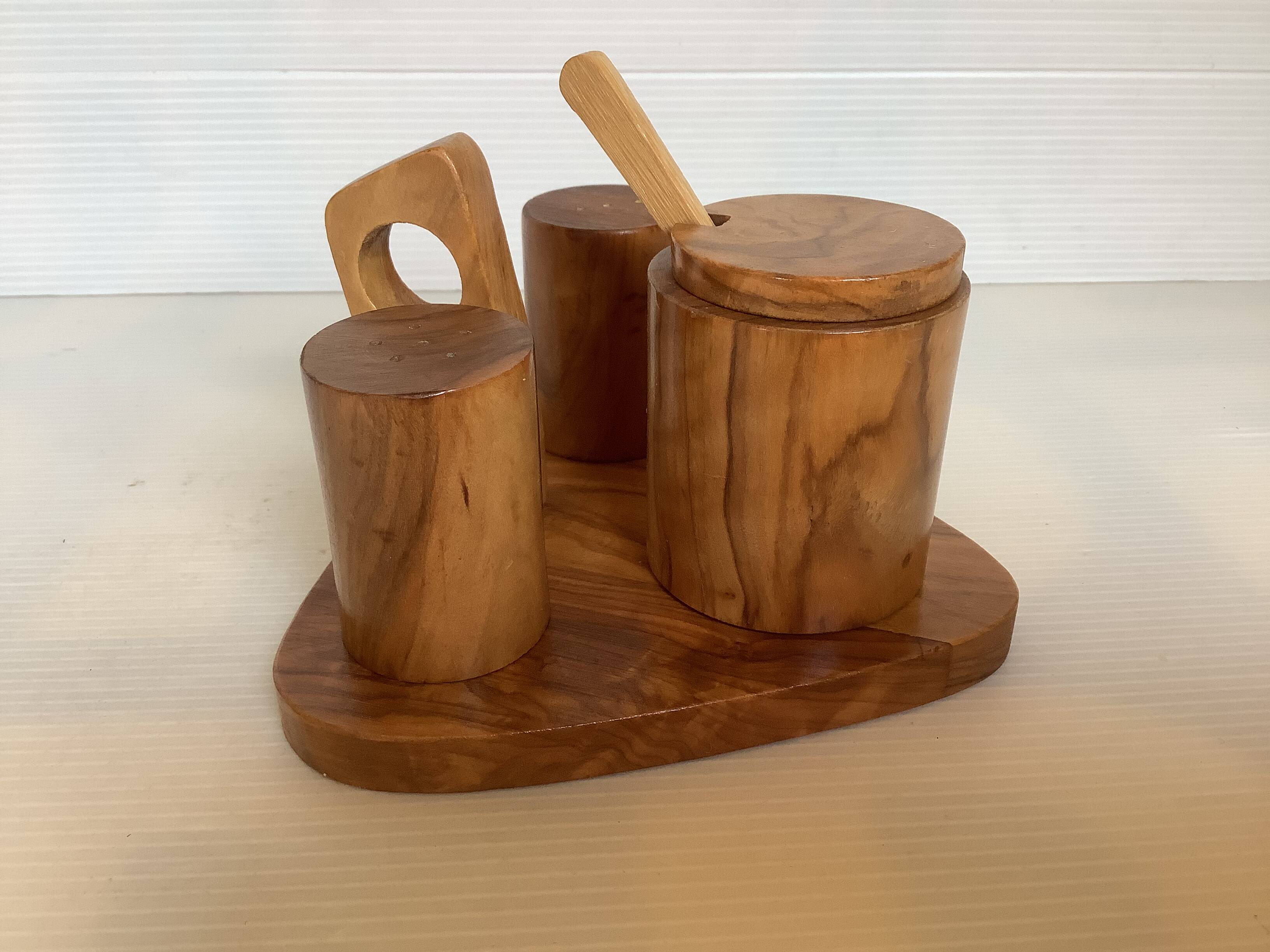 Olive wood mustard salt and pepper server