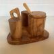 Olive wood salt and pepper server with mustard pot.