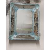 Venetian Rectangular Light-Blue Floreal Hand-Carving Mirror in Murano Glass Style