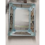 Venetian Rectangular Light-Blue Floreal Hand-Carving Mirror in Murano Glass Style
