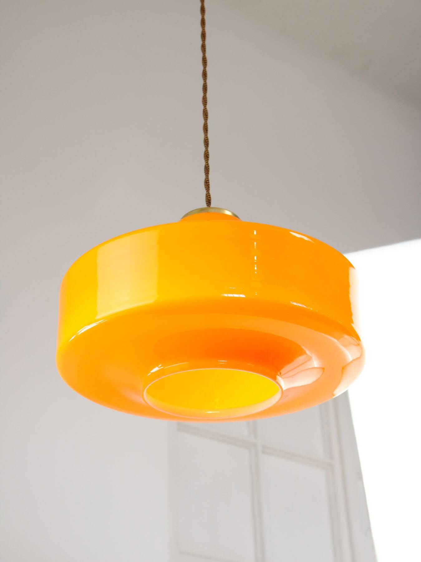 Mid-Century Italian Orange Glass & Brass Pendant Lamp