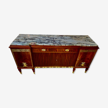 Art deco sideboard in mahogany, gilded bronzes and white marble