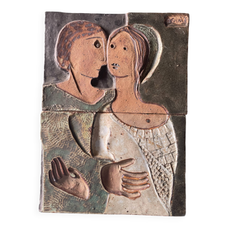 Modernist figurative wall tile in polychrome stoneware 1975