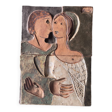 Carreau d'art mural figuratif moderniste en grès polychrome 1975