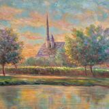Table Painting Old landscape signed circa 1960