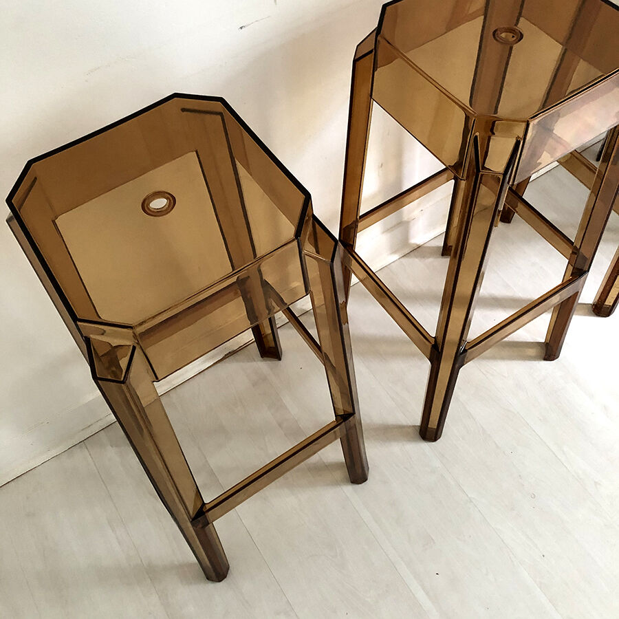 Ensemble de 3 tabourets de bar vintage 1970 en plexiglas ocre