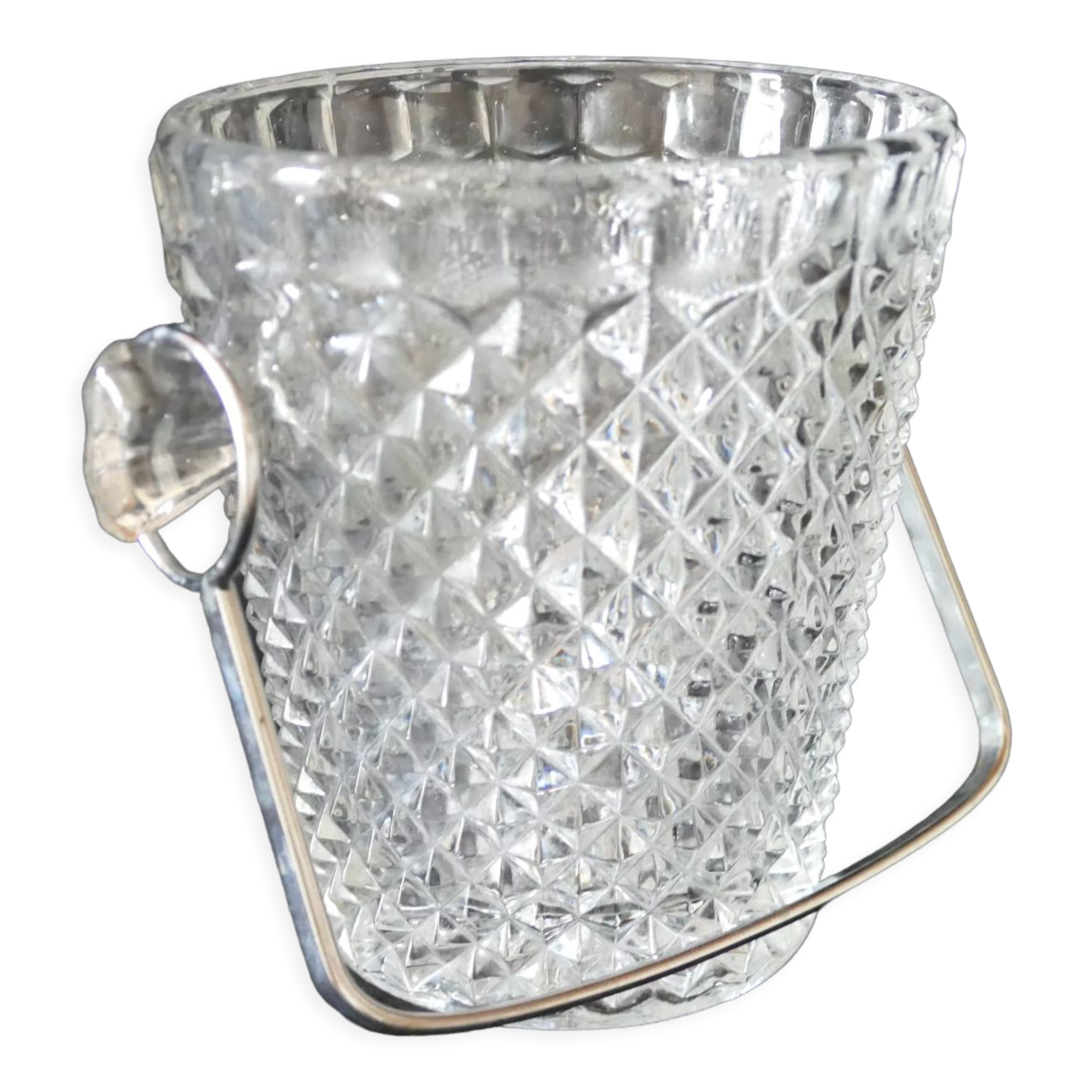 Vintage glass ice bucket stamped with a metal handle