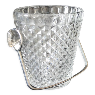 Vintage glass ice bucket stamped with a metal handle