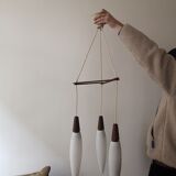 Suspension 3 lights opaline & teak, Louis Kalff 1960